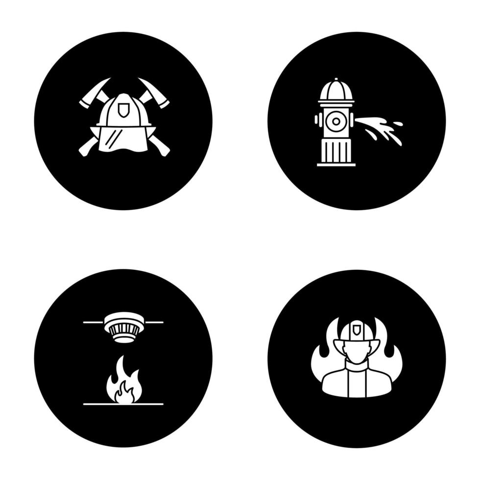 ensemble d'icônes de glyphe de lutte contre les incendies. bouche d'incendie, détecteur de fumée, croix de malte des pompiers, pompier. illustrations de silhouettes blanches vectorielles dans les cercles noirs vecteur