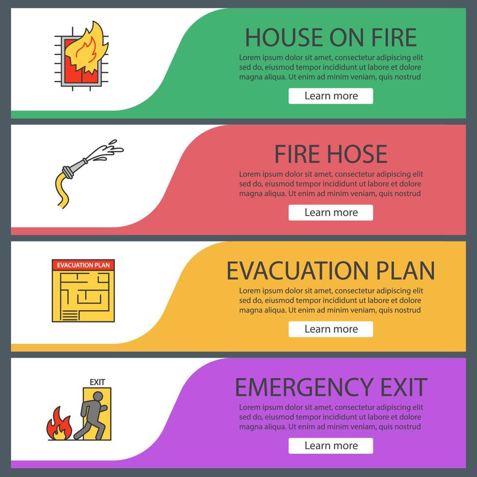 ensemble de modèles de bannières web de lutte contre les incendies. maison en feu, plan d'évacuation, tuyau, issue de secours. éléments de menu de couleur du site Web. concepts de conception d'en-têtes vectoriels vecteur