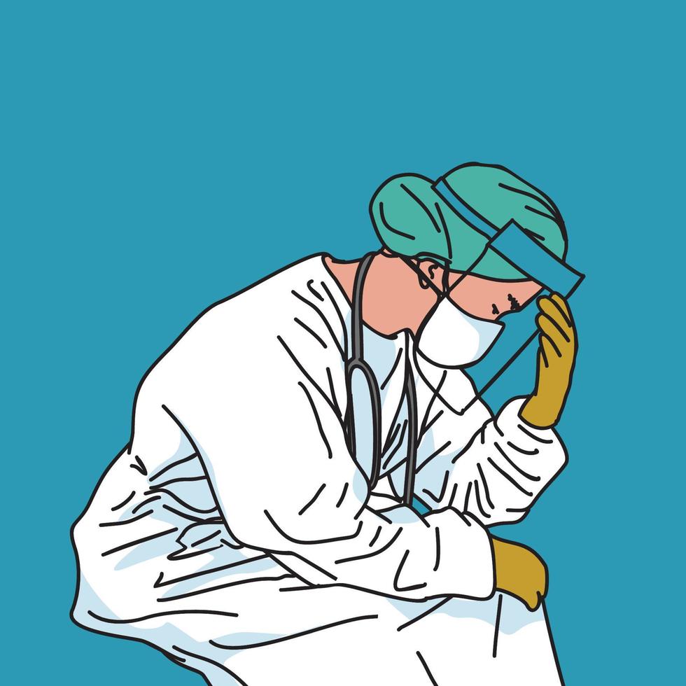 illustration d'un agent de santé se sentant fatigué en regardant vers le bas et en se tenant la tête vecteur