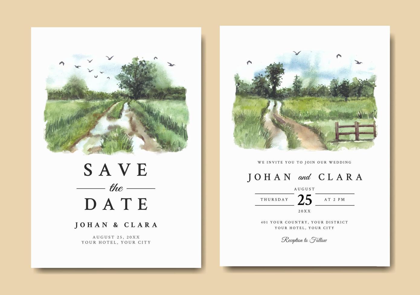 invitation de mariage aquarelle de paysage naturel avec route et clôture vecteur