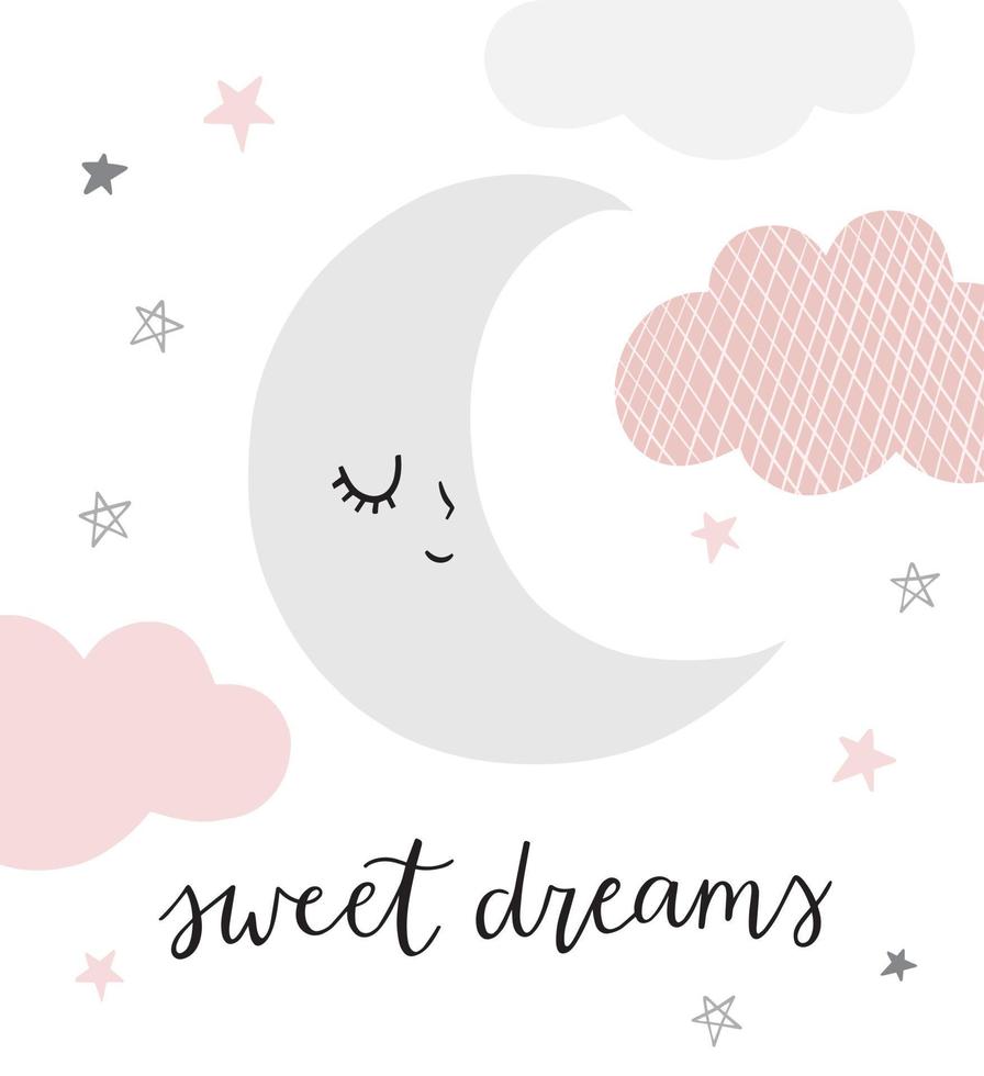 calligraphie à la main de beaux rêves. personnage de lune endormie enfantine pour bébé aux couleurs pastel. illustration vectorielle du ciel nocturne. vecteur