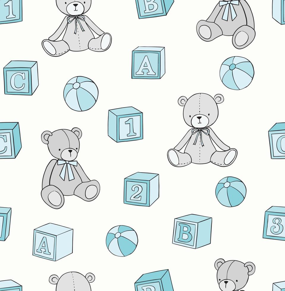 modèle vectoriel avec ours en peluche dessiné à la main, blocs de construction et balles. arrière-plan harmonieux de jouets pour bébés dans un style doodle. bébé garçon.