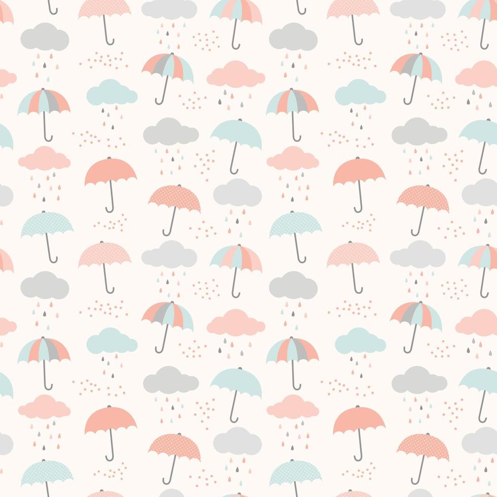 modèle de parapluie de vecteur avec des nuages et des gouttes de pluie. mignon arrière-plan transparent coloré en bleu pastel, rose et gris.