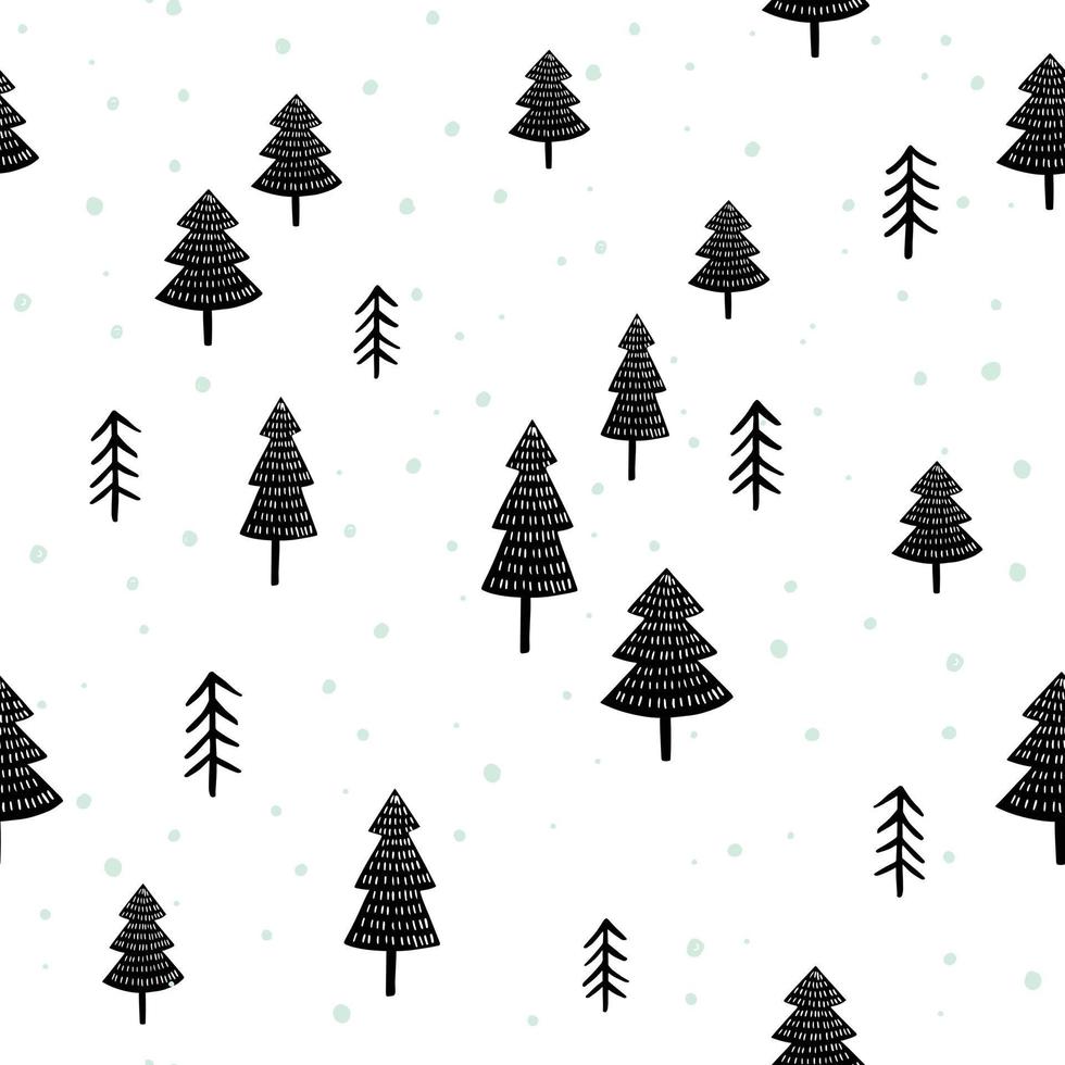 modèle vectoriel de forêt scandinave. conception sans couture de bois d'hiver en noir et blanc avec des arbres dessinés à la main.