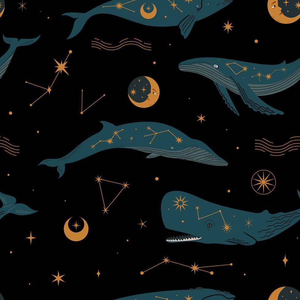 modèle sans couture avec différents types de sperme de baleines, sei, bleu, planètes, étoiles, lune et constellations. illustration cosmique vecteur