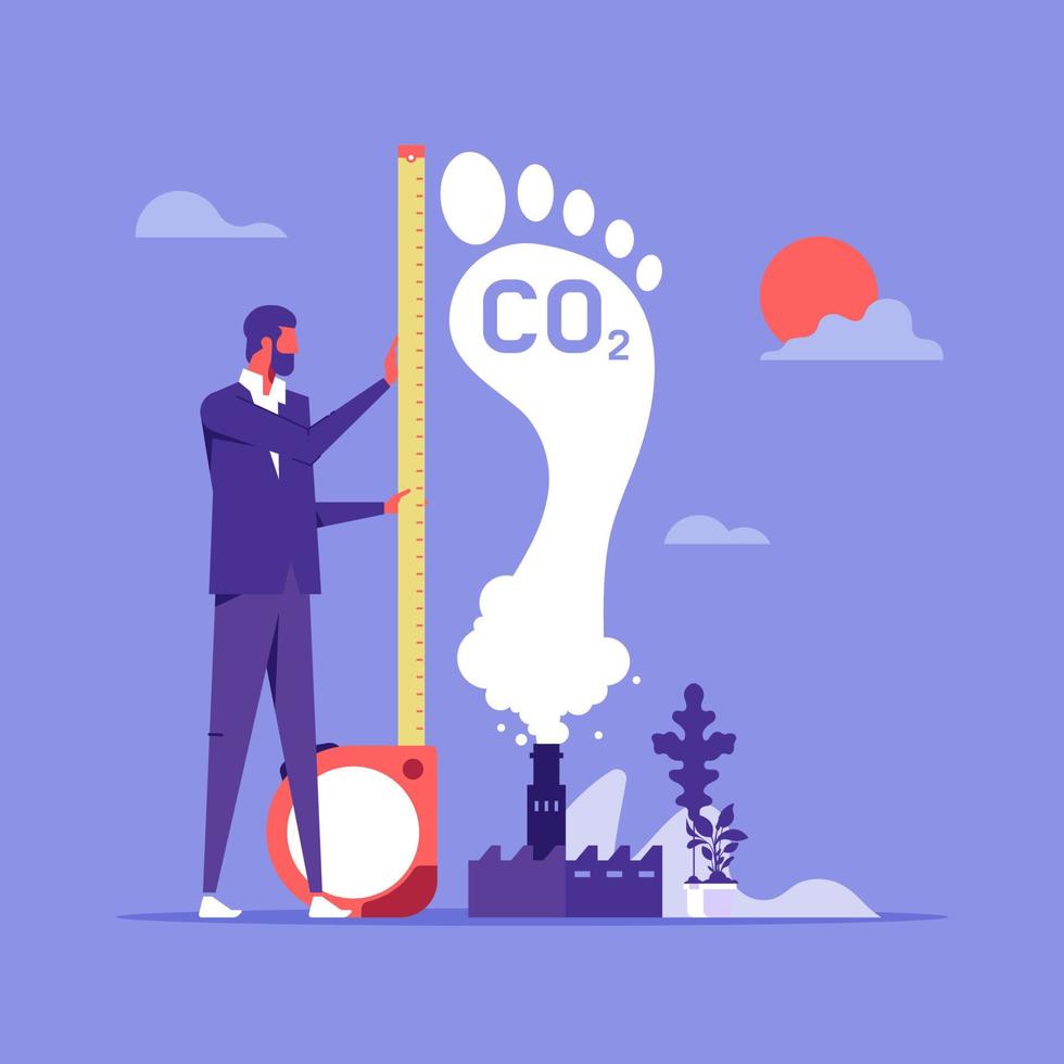 l'homme mesure un pied énorme, la pollution par l'empreinte carbone, le concept d'impact environnemental des émissions de co2, l'effet dangereux du dioxyde sur l'écosystème de la planète, illustration vectorielle vecteur