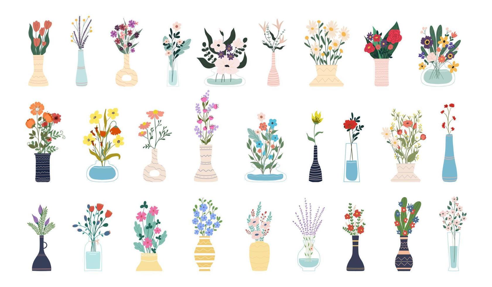 collection de fleurs épanouies dans des vases et des bouteilles isolés sur fond blanc. ensemble d'éléments décoratifs de conception florale. illustration vectorielle de dessin animé plat. vecteur
