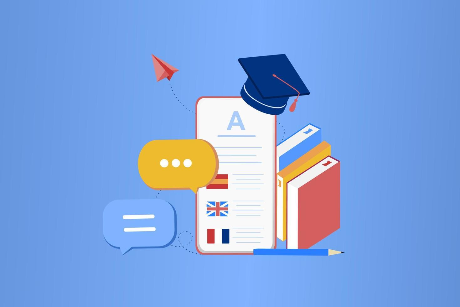 classe d'apprentissage des langues en ligne 3d modernes, modèle de bannière de cours de langue pour le développement de sites Web et d'applications mobiles. traduction littérale, assistant linguistique, concept d'apprentissage en ligne. illustration vectorielle. vecteur