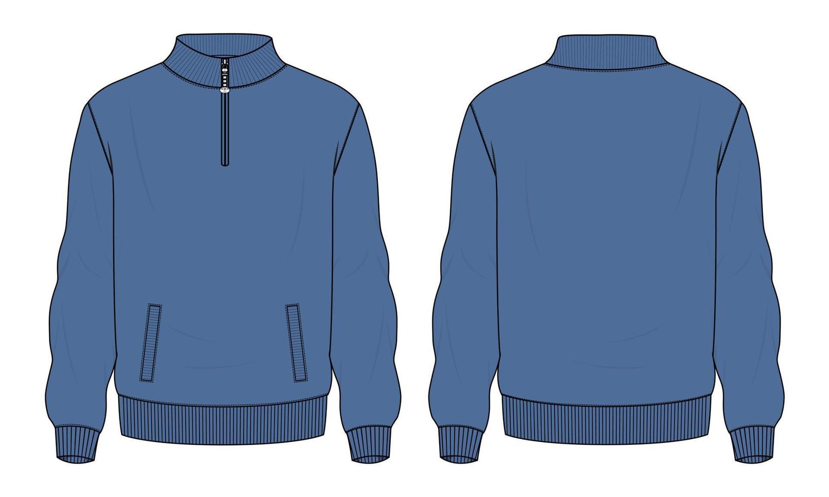 veste à manches longues mode technique croquis plat illustration vectorielle modèle de couleur bleu marine vues avant et arrière. vecteur