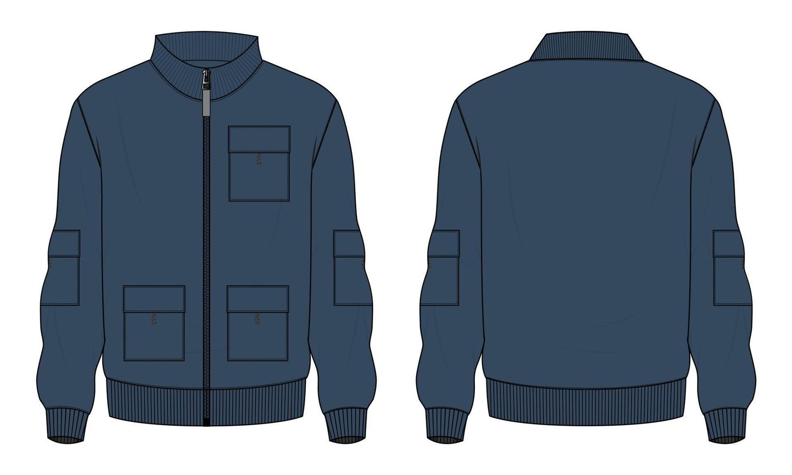 veste à manches longues mode technique croquis plat illustration vectorielle modèle de couleur bleu marine vues avant et arrière. vecteur
