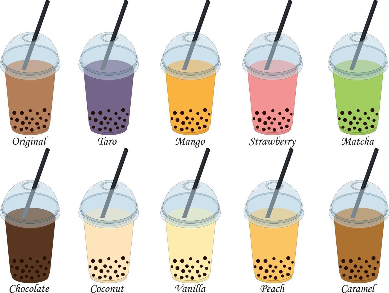 collection de différents goûts et saveurs thé à bulles en illustration vectorielle de tasse en plastique vecteur