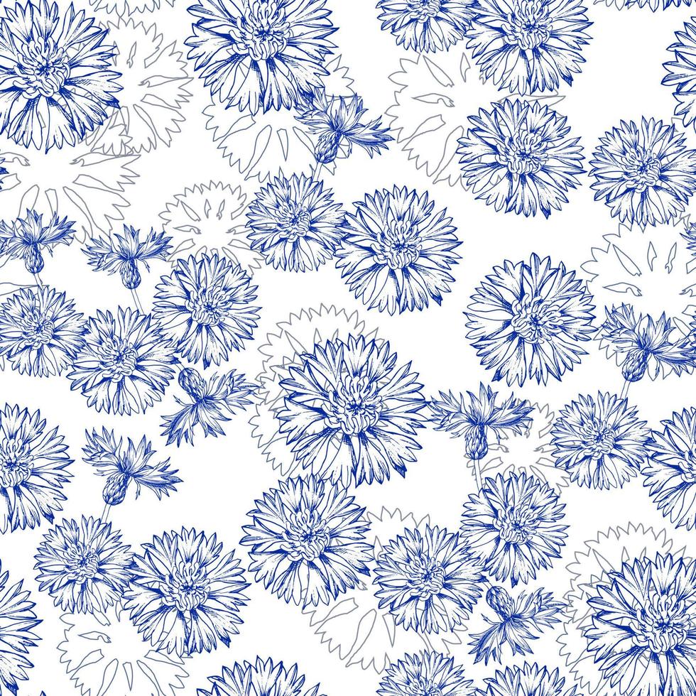 modèle vectorielle continue avec bleuet dans le style toile de jouy. fleurs bleues isolés sur fond blanc. conception d'impression pour papiers peints, textile, tissu, cadeau d'emballage, carreaux de céramique vecteur