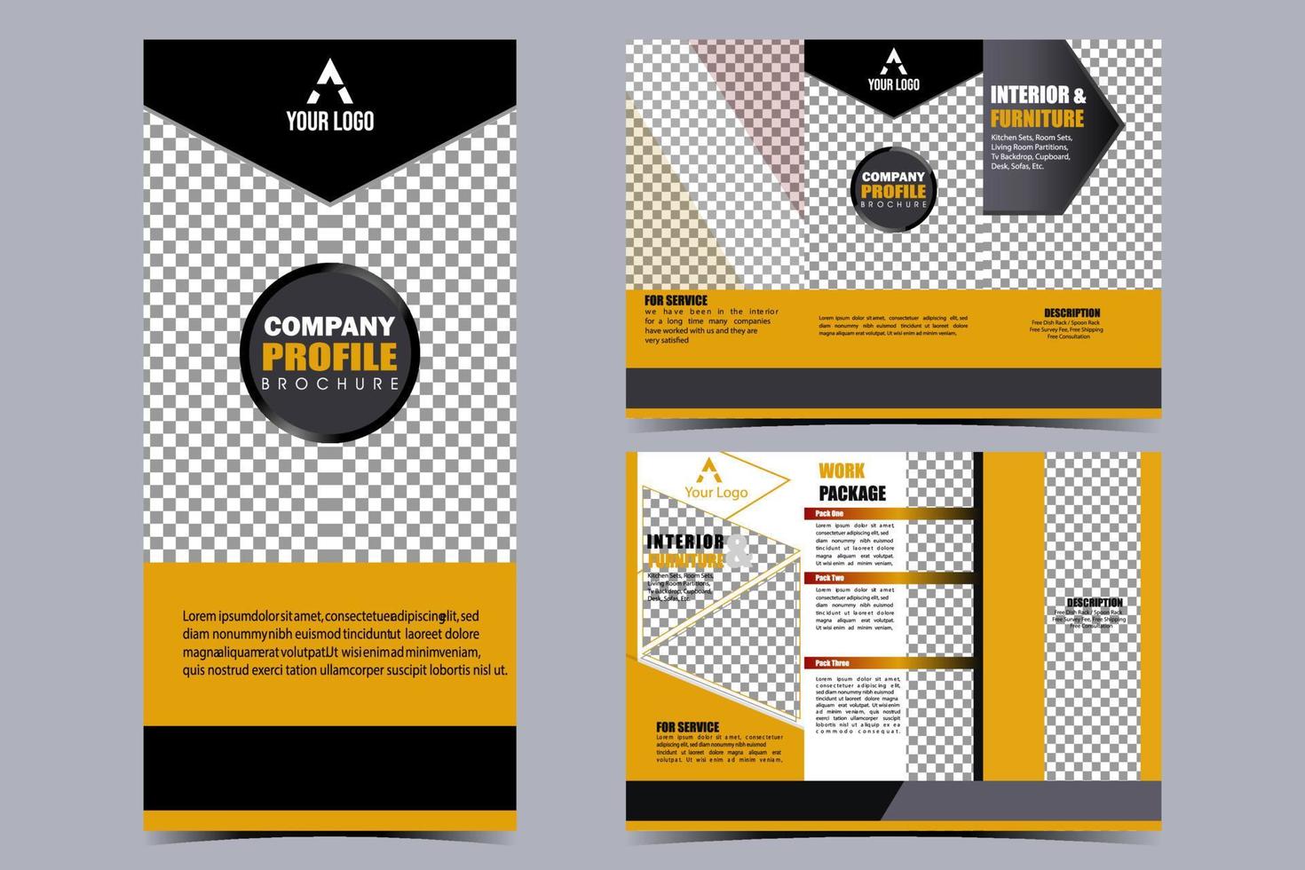 modèle de brochure avec un modèle triple, couleur noir jaune. livre de couverture moderne, conception, rapport annuel, mise en page magazine et brochure vecteur a4