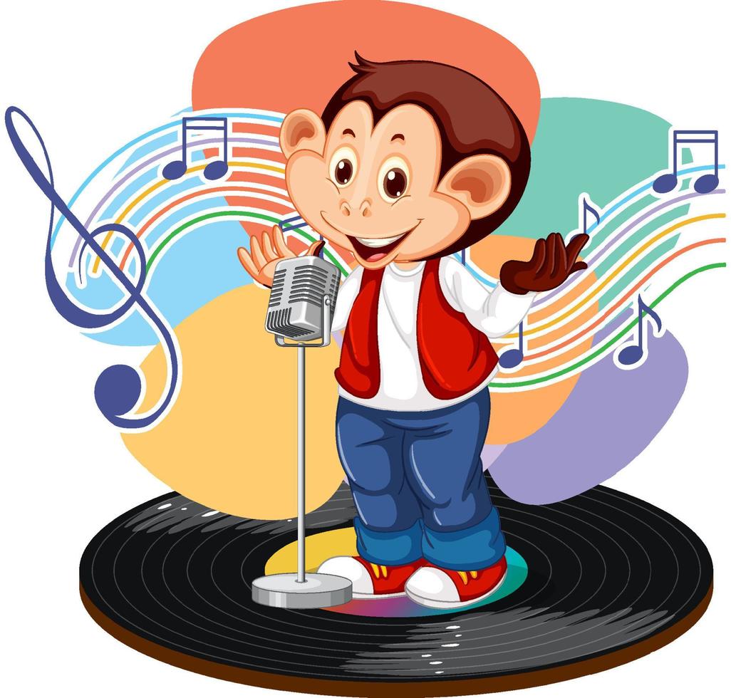 caricature de singe chanteur avec symboles de mélodie musicale vecteur