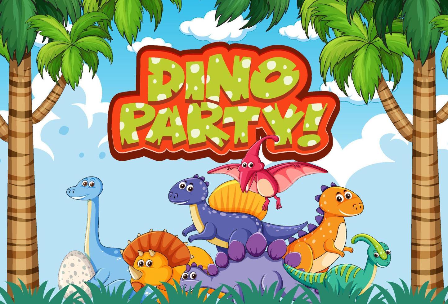 conception de polices pour word dino party avec des dinosaures dans la jungle vecteur