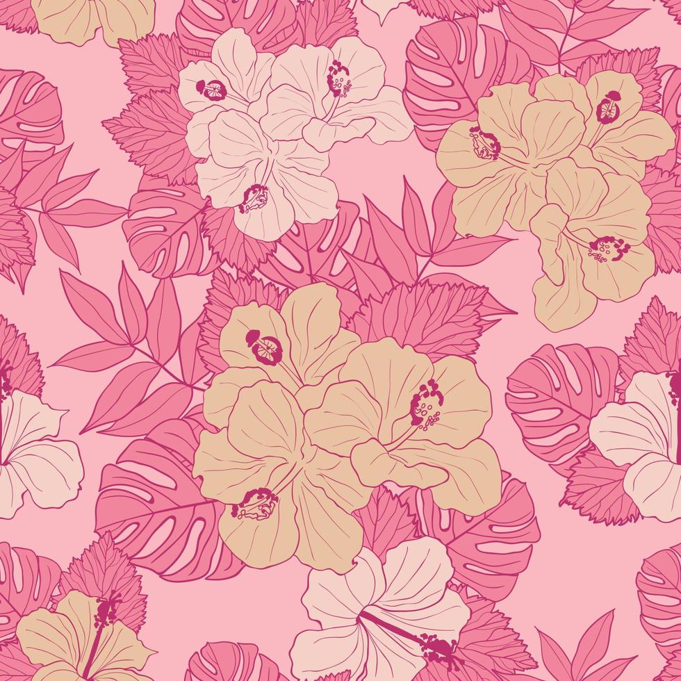 fleurs et feuilles d'hibiscus sans soudure de fond. papier d'emballage de nature tropicale ou design textile. belle impression avec fleur exotique dessinée à la main. vecteur