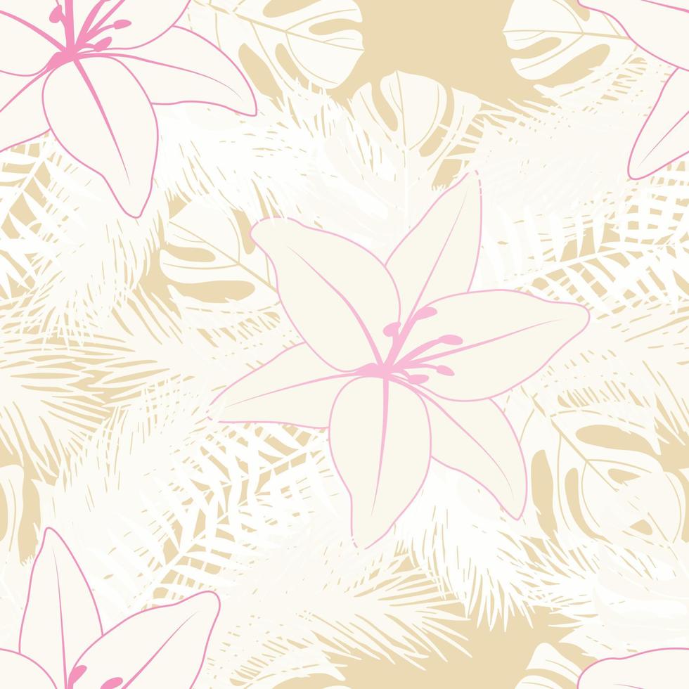 belles fleurs de lys tropicales et feuilles motif sans couture. feuilles tropicales, fond de motif floral harmonieux de feuille de monstera. illustration brésilienne à la mode vecteur