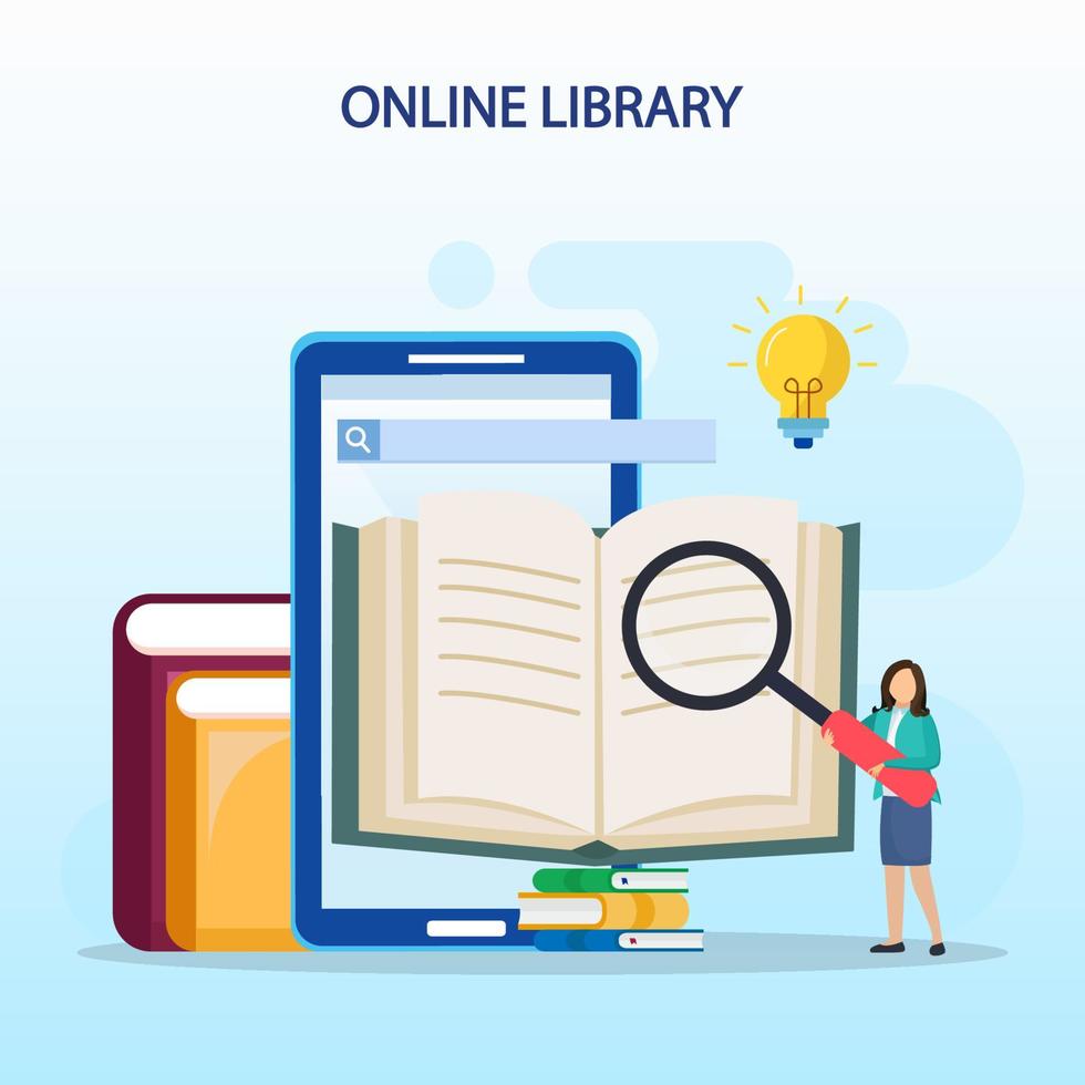 concept de bibliothèque en ligne, bibliothèque en ligne pour l'éducation, concept de référence en ligne, livre, littérature ou apprentissage en ligne. vecteur plat