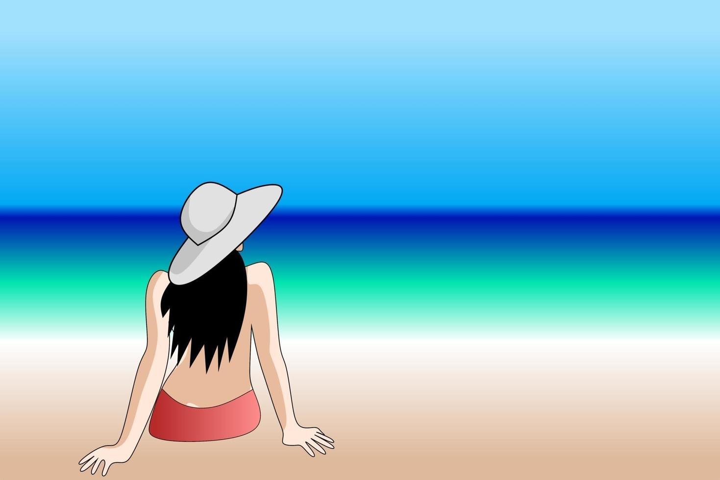 Bikini femme sur la plage portant un chapeau vecteur