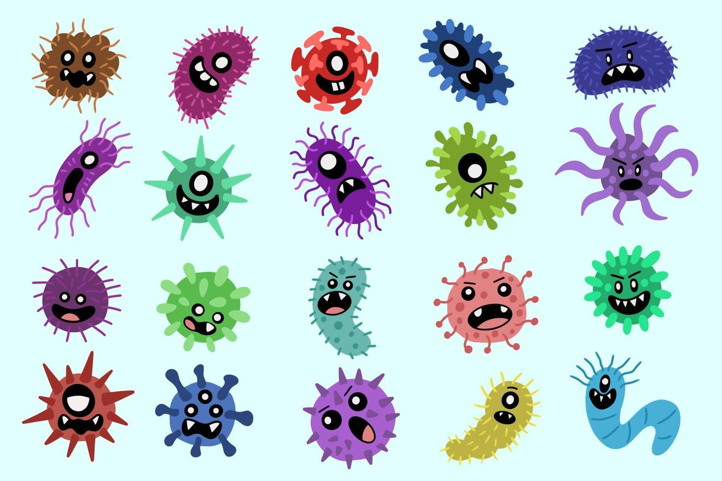 ensemble méga collection bundle coloré bactéries virus germes rendre malade santé dessin animé doodle clipart pour enfants illustration vecteur