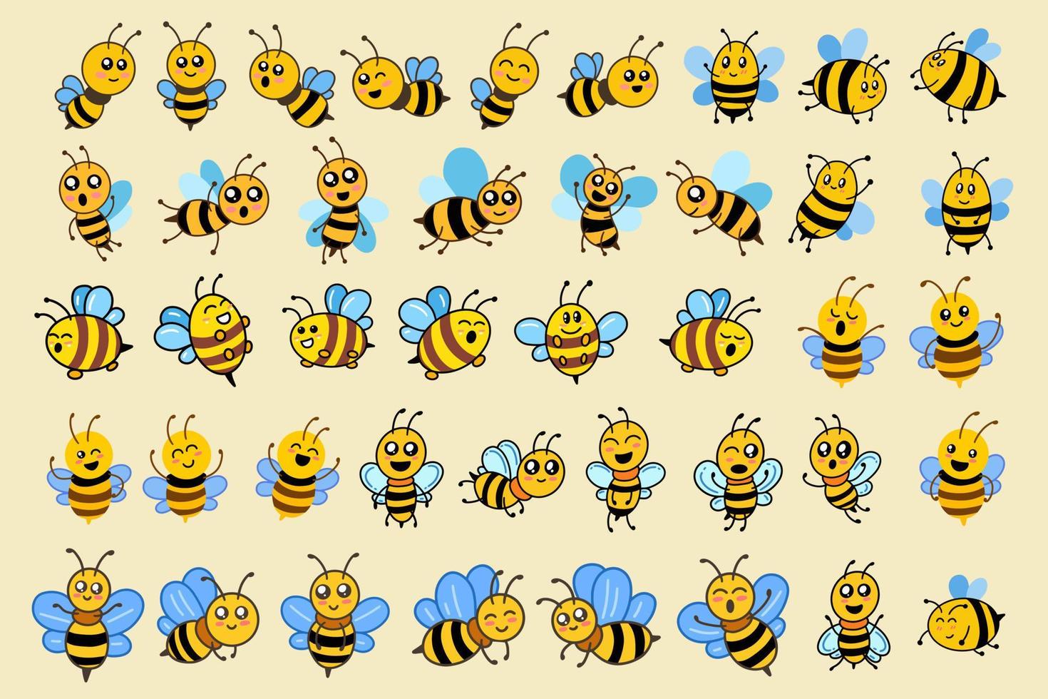 ensemble méga collection bundle mignon abeille miel animal avec pose différente dessin animé clipart puéril petite abeille mascotte design plat vecteur