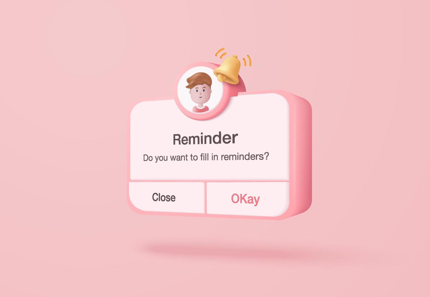 rappel 3d dans le calendrier sur fond rose. page de notifications avec des éléments flottants. alerte pour la planification d'entreprise, les événements, le rappel et le calendrier en arrière-plan. Rendu 3d de cloche de vecteur sur le calendrier