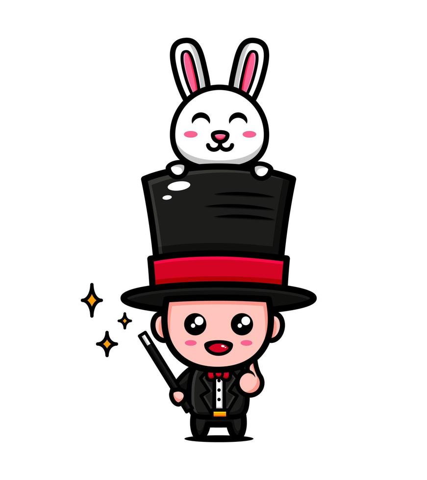 conception de personnage de magicien mignon sur le thème de jouer à la magie avec un lapin vecteur