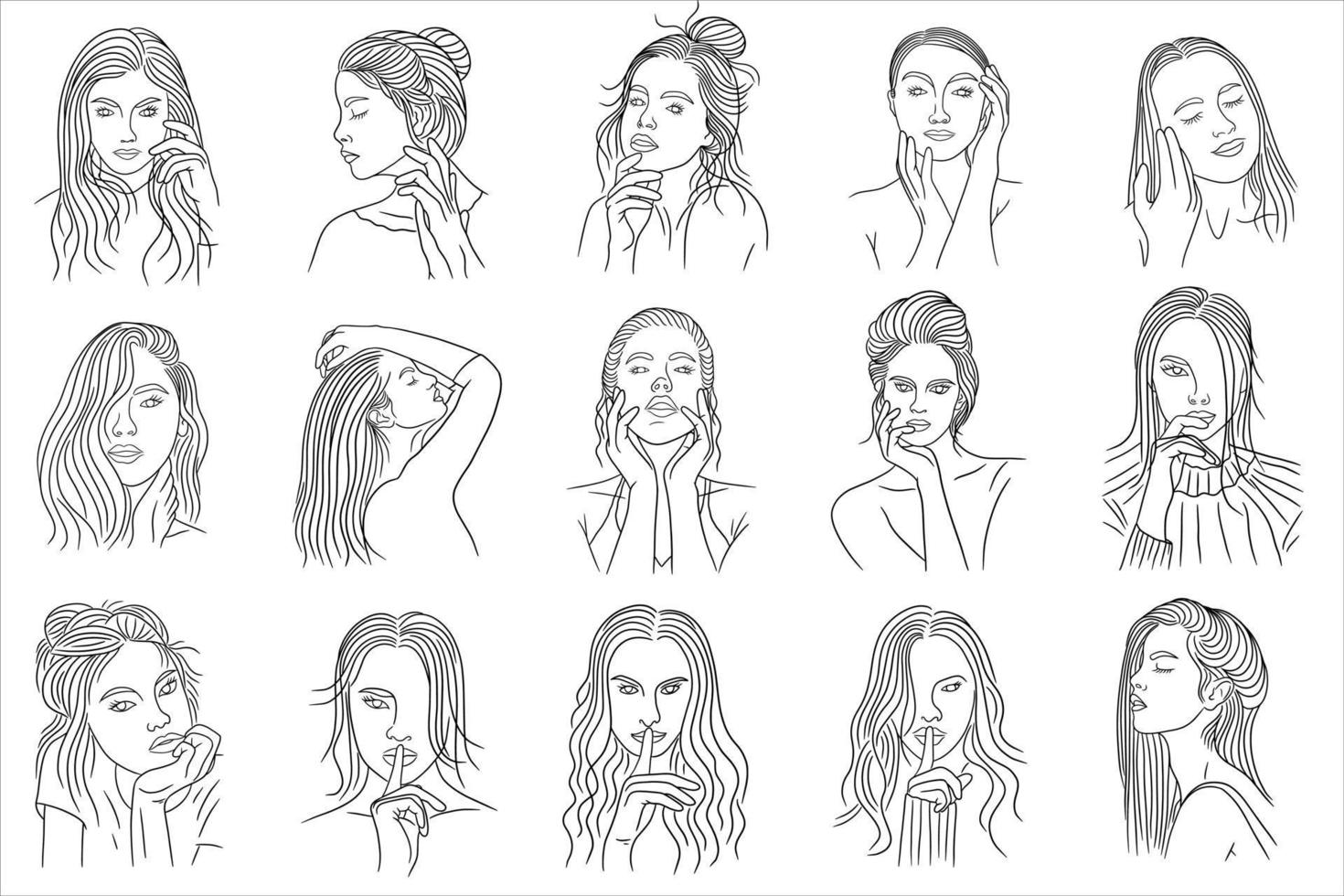 ensemble méga collection bundle de femmes fille gros plan visage pose modélisation dessin au trait illustration vecteur