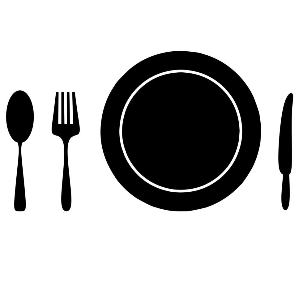 assiette avec cuillère, fourchette et couteau silhouette graphiques illustrations vectorielles vecteur