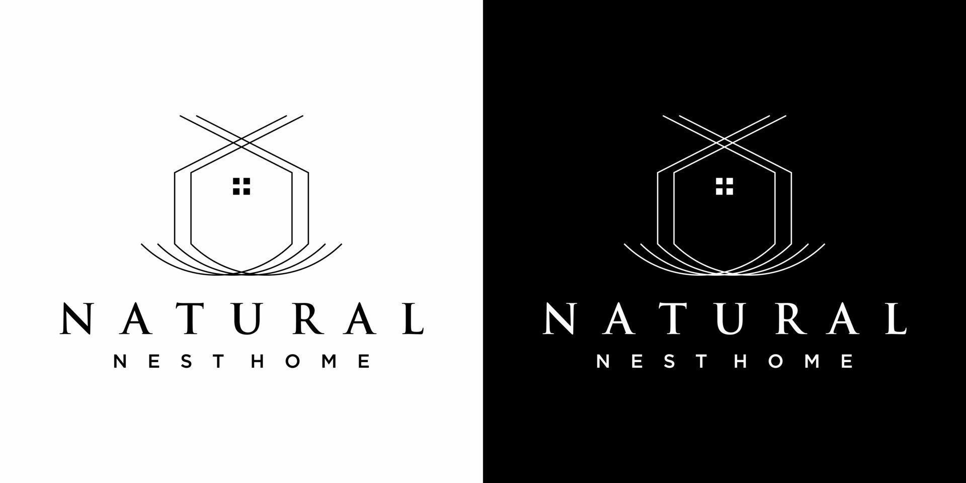 création de logo de maison naturelle avec fond noir et blanc. vecteur