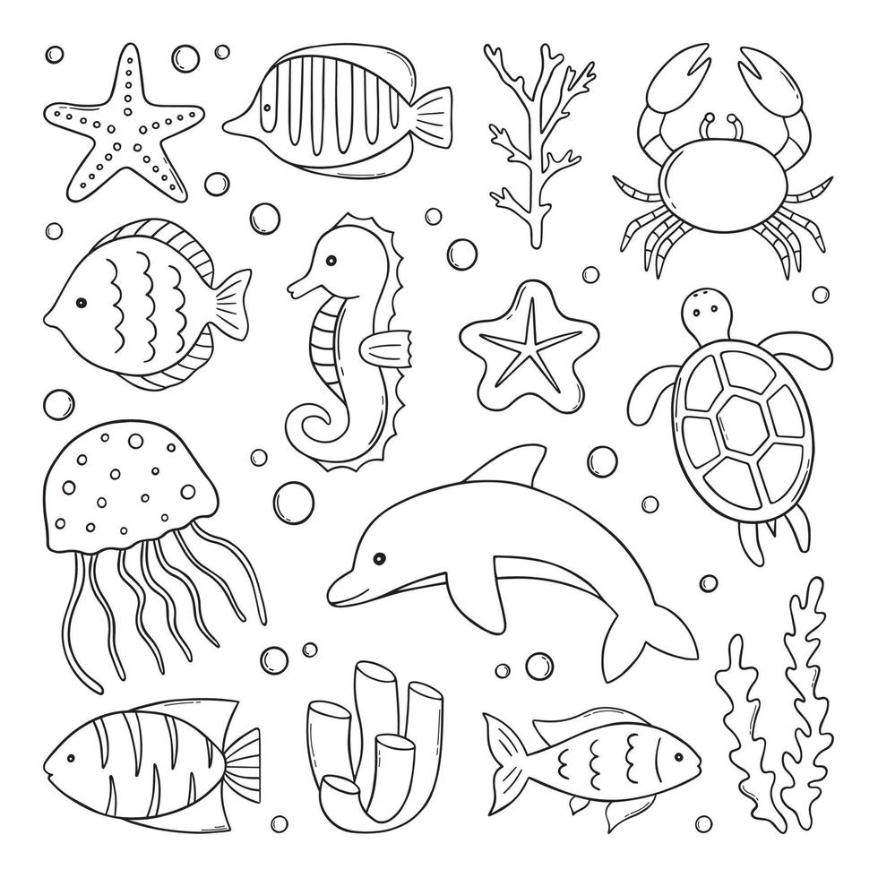 ensemble de poissons et d'animaux marins sauvages dessinés à la main. la vie marine. tortue, dauphin, crabe, étoile de mer, coraux et algues en style croquis. illustration vectorielle isolée sur fond blanc. vecteur