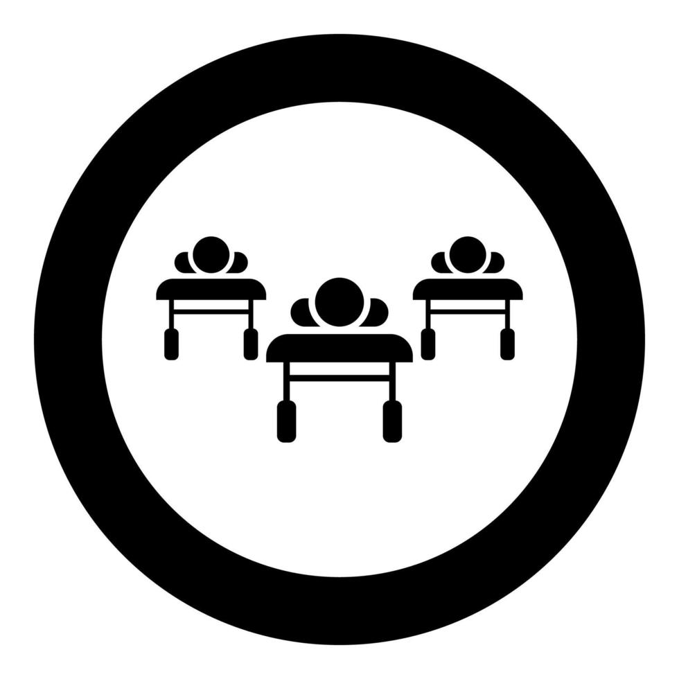 les patients sur les canapés sont allongés hôpital concept pandémique clinique icône épidémique en cercle rond couleur noire illustration vectorielle image style de contour solide vecteur