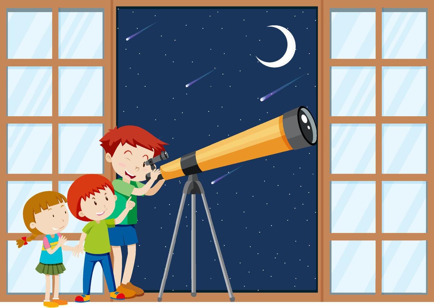 les enfants observent le ciel nocturne avec un télescope vecteur