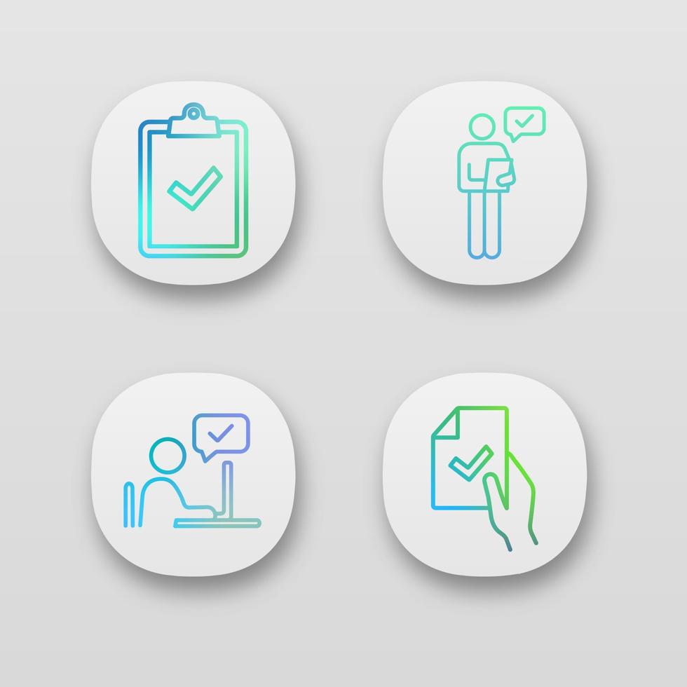 approuver le jeu d'icônes d'application. verification ET VALIDATION. presse-papiers avec coche, personne vérifiant le document, signature du contrat, chat d'approbation. interface utilisateur ui ux. illustrations vectorielles isolées vecteur