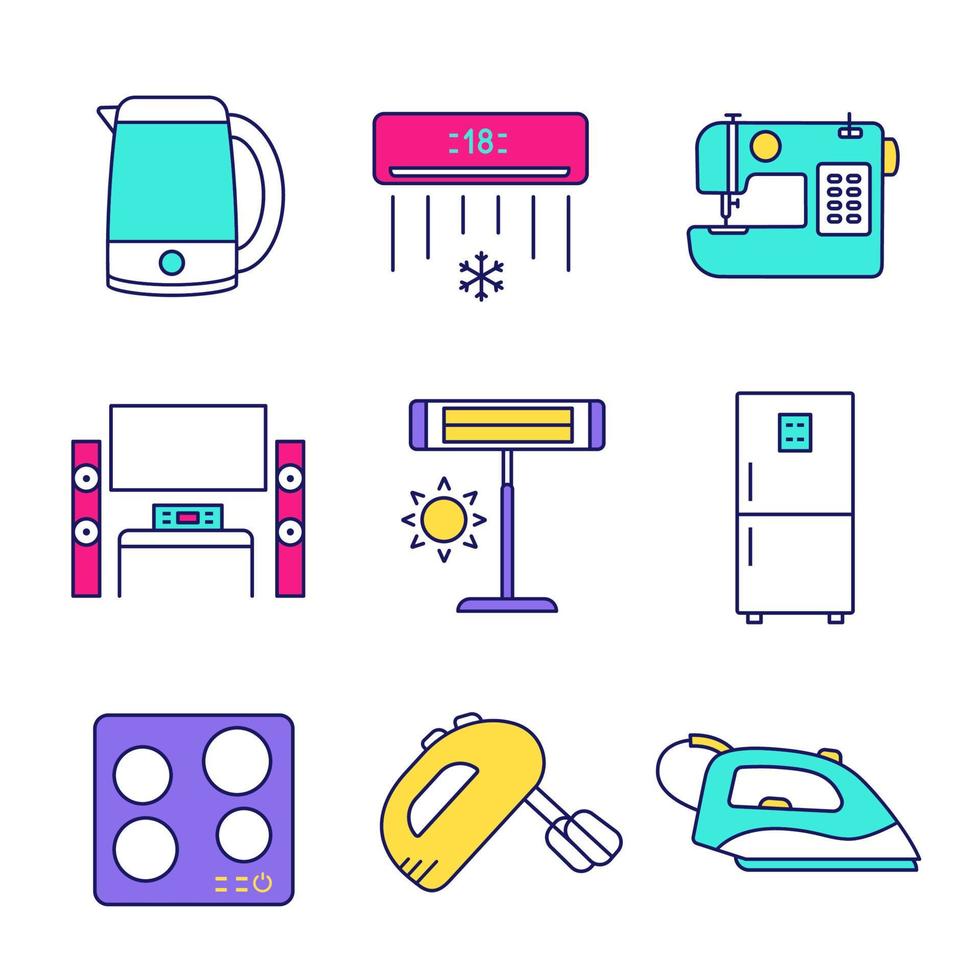 ensemble d'icônes de couleur d'appareil ménager. bouilloire électrique, climatiseur, machine à coudre, home cinéma, chauffage infrarouge, réfrigérateur, table de cuisson, batteur à main, fer à vapeur. illustrations vectorielles isolées vecteur