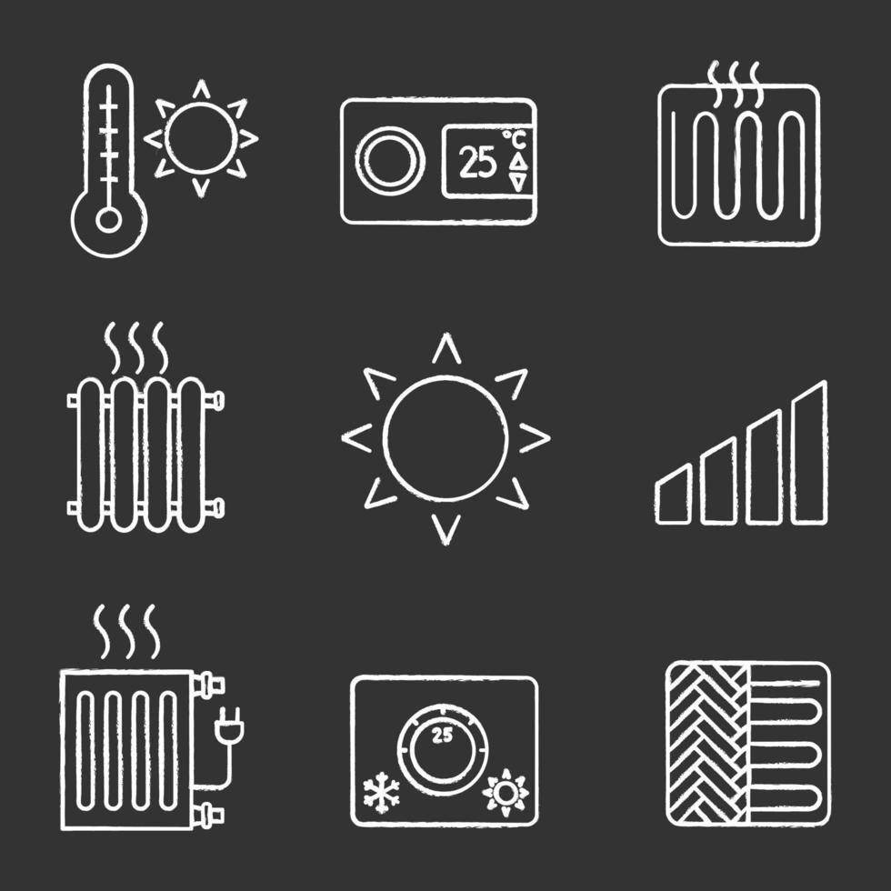 ensemble d'icônes de craie de climatisation. température estivale, thermostat, élément chauffant, radiateur, chauffage, soleil, niveau de puissance, climatisation, chauffage au sol. illustrations de tableau de vecteur isolé
