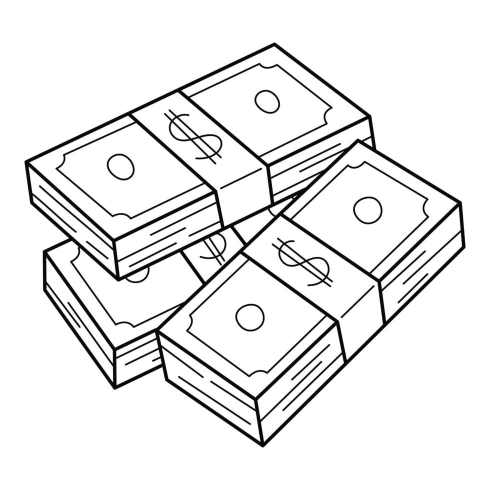 une pile de billets en papier. trois liasses de billets d'un dollar. accumulation d'argent, richesse, pot-de-vin. icône linéaire. illustration vectorielle noir et blanc dessinée à la main. isolé sur fond blanc vecteur