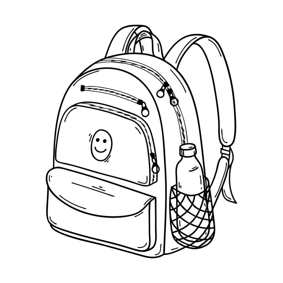 école fermée ou sac à dos de sport en style doodle. avec des poches zippées et une poche pour bouteille d'eau. porte-documents pour les manuels. illustration vectorielle noir-blanc. dessiné à la main, isolé sur fond blanc vecteur