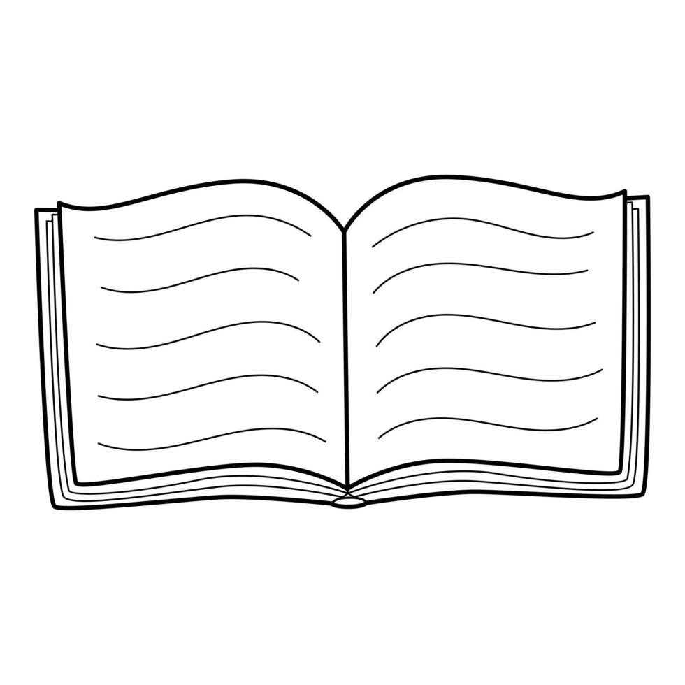 un livre ouvert avec du texte. griffonnage. illustration vectorielle noir et blanc dessinée à la main. symbole d'étude, d'apprentissage, d'éducation, d'école. les éléments de conception sont isolés sur un fond blanc vecteur