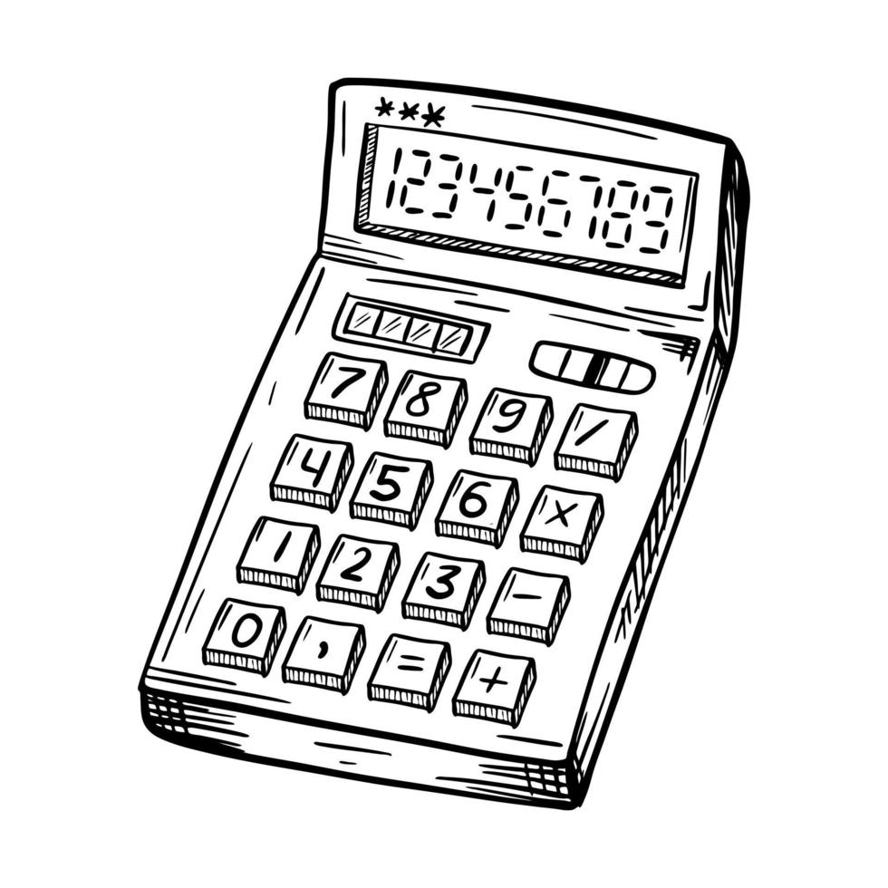 un croquis de la calculatrice. un outil de comptabilité ou de comptabilité scolaire. un simple dessin dessiné à la main, isolé sur blanc. illustration vectorielle noir et blanc vecteur