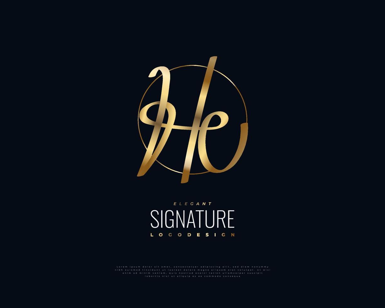création initiale du logo h et u dans un style d'écriture dorée. logo ou symbole de signature hu pour le mariage, la mode, les bijoux, la boutique et l'identité de la marque d'entreprise vecteur