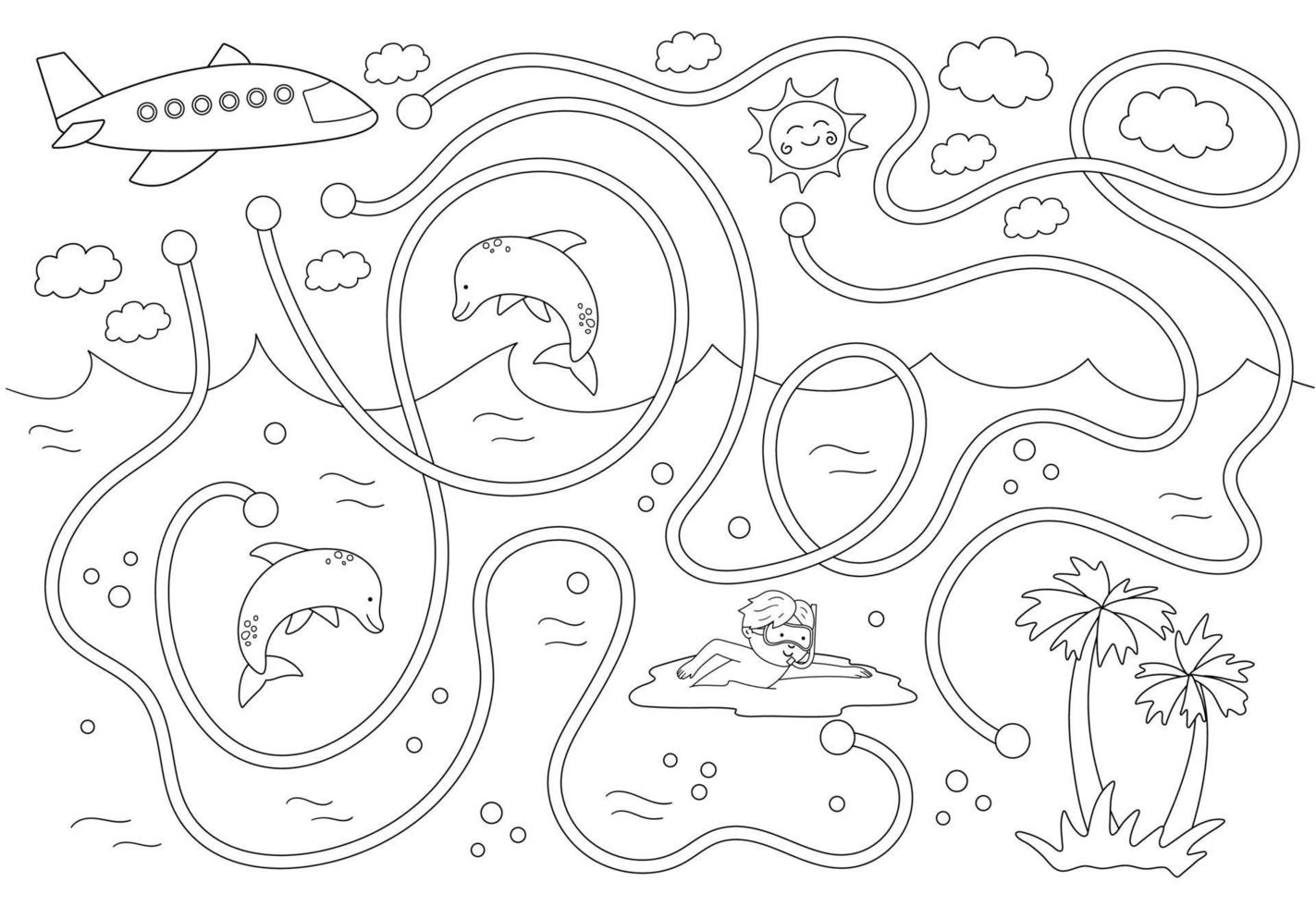 labyrinthe noir et blanc d'été pour les enfants. activité exotique préscolaire. puzzle amusant avec un avion mignon, un garçon qui nage, des dauphins. aider l'avion à voler vers l'île tropicale. jeu de coloriage de vacances pour les enfants vecteur