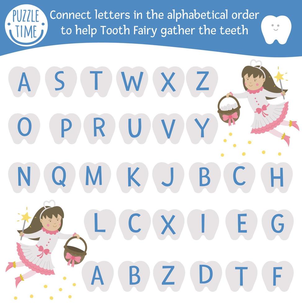 jeu abc de soins dentaires avec des personnages mignons. activité d'alphabet de médecine de dentiste pour les enfants d'âge préscolaire. choisissez des lettres de a à z pour aider la fée des dents à rassembler les dents. jeu d'hygiène buccale simple pour les enfants vecteur