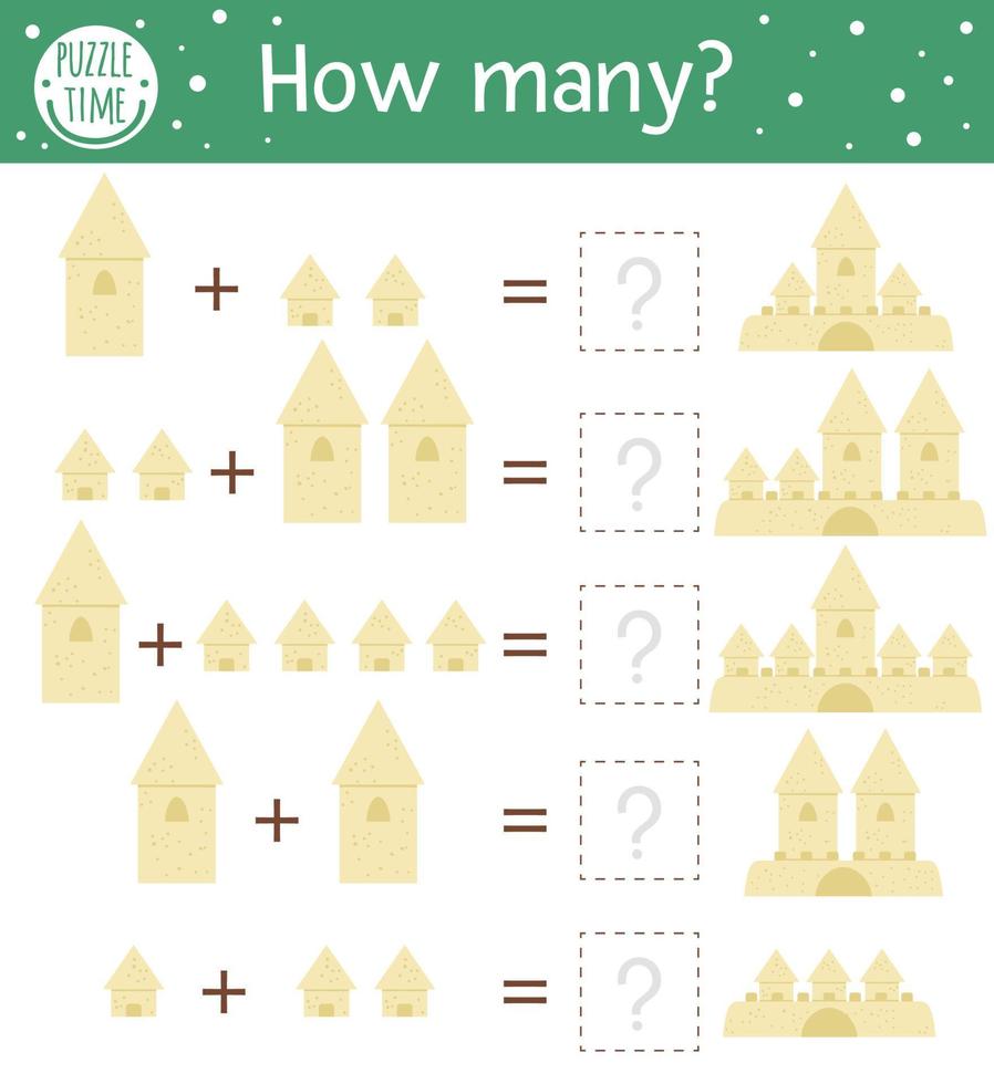 jeu de mathématiques avec des châteaux de sable. activité mathématique d'été pour les enfants d'âge préscolaire. feuille de calcul de comptage des vacances à la plage. énigme d'addition éducative avec un élément mignon pour les enfants vecteur