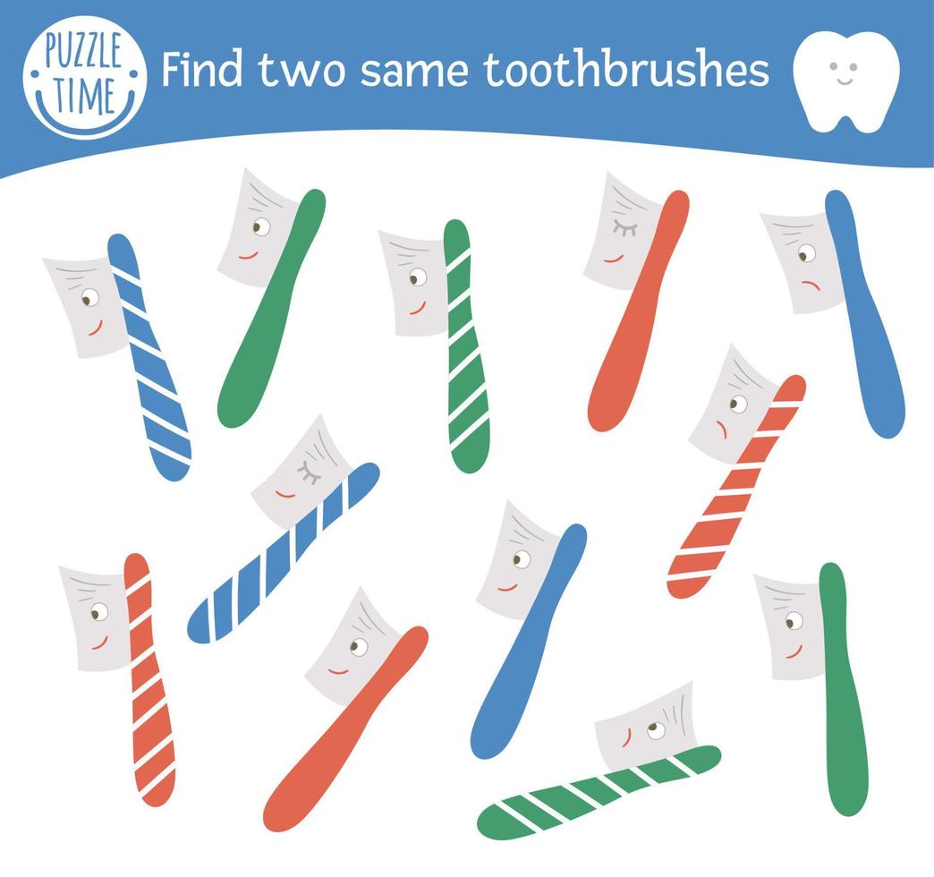 trouver deux mêmes brosses à dents. activité d'appariement sur le thème des soins dentaires pour les enfants d'âge préscolaire avec des éléments mignons. jeu amusant d'hygiène buccale pour les enfants. feuille de calcul imprimable avec une brosse à dents kawaii drôle. vecteur