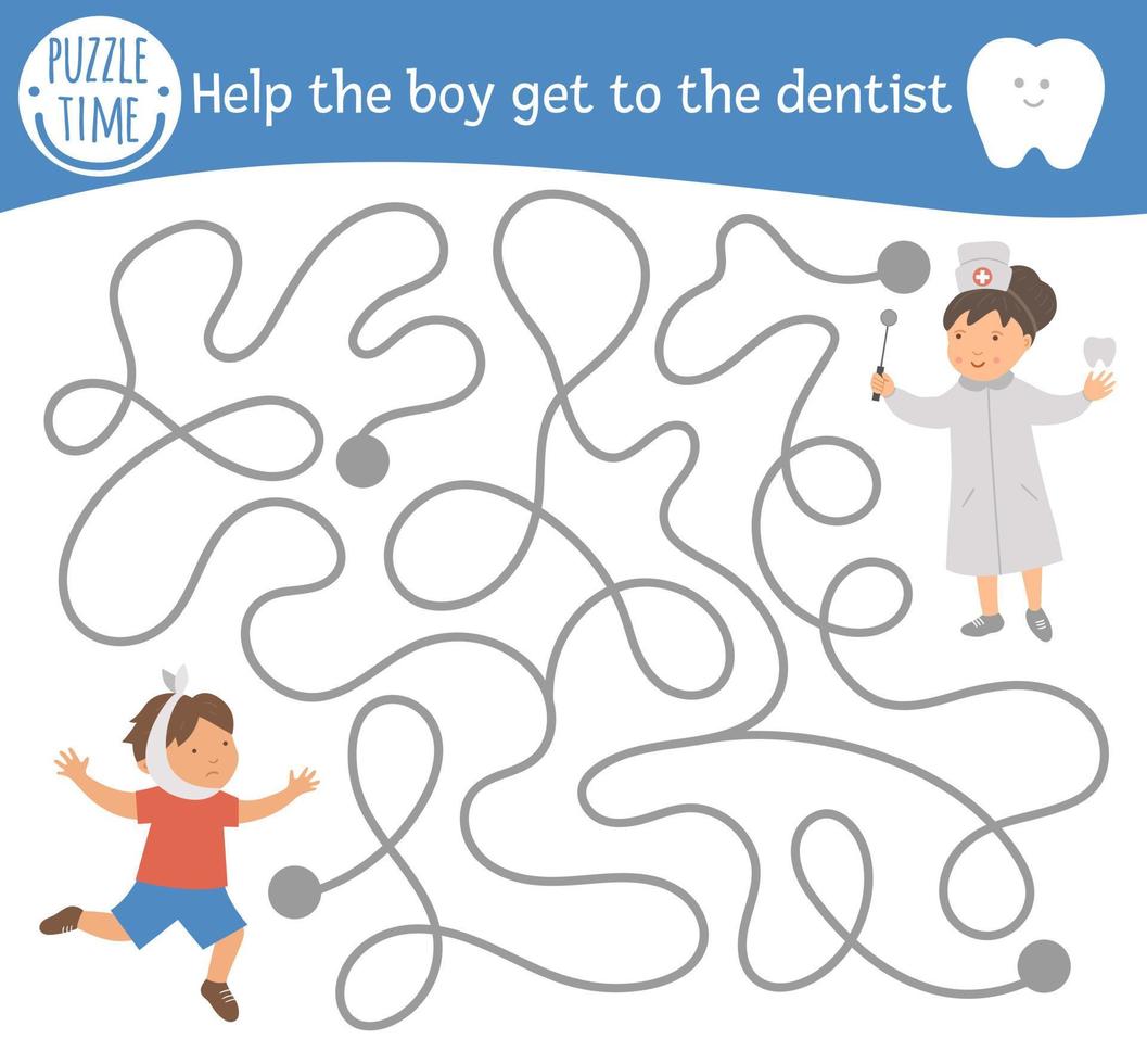 labyrinthe de soins dentaires pour les enfants. activité médicale préscolaire. jeu de puzzle amusant avec un médecin mignon et un enfant avec une dent douloureuse. aider le garçon à aller chez le dentiste. labyrinthe d'hygiène buccale pour les enfants vecteur