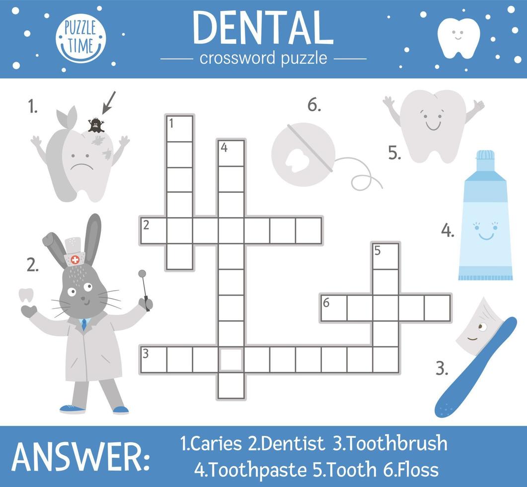 vecteur de mots croisés sur les soins dentaires. quiz sur l'hygiène buccale pour les enfants. activité médicale éducative avec dentiste mignon, dent, brosse à dents, dentifrice, fil dentaire, pomme