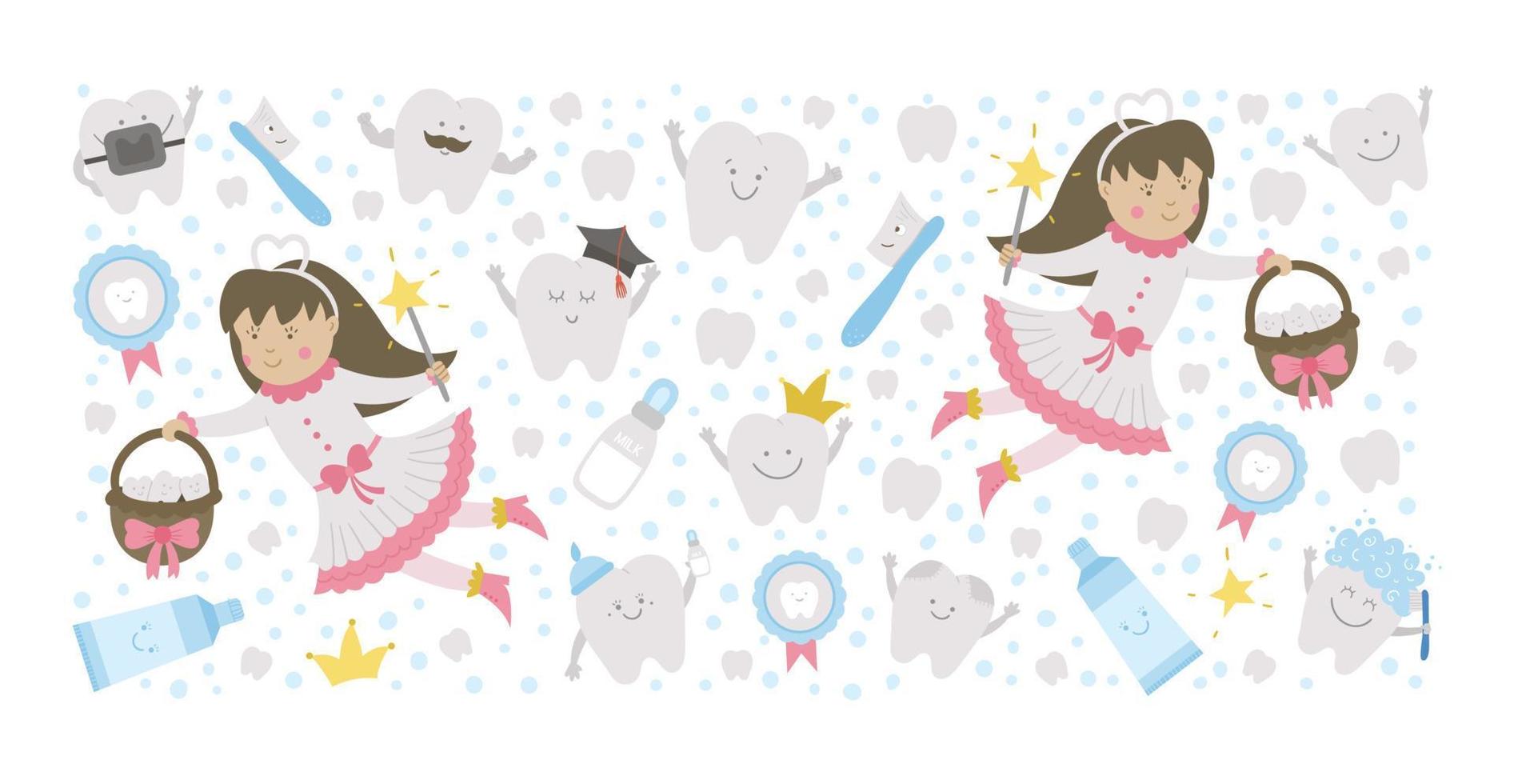 cadre horizontal vectoriel avec jolie fée des dents. modèle de carte avec kawaii fantasy princess, drôle de brosse à dents souriante, bébé, molaire, dentifrice, dents. image drôle de soins dentaires pour les enfants