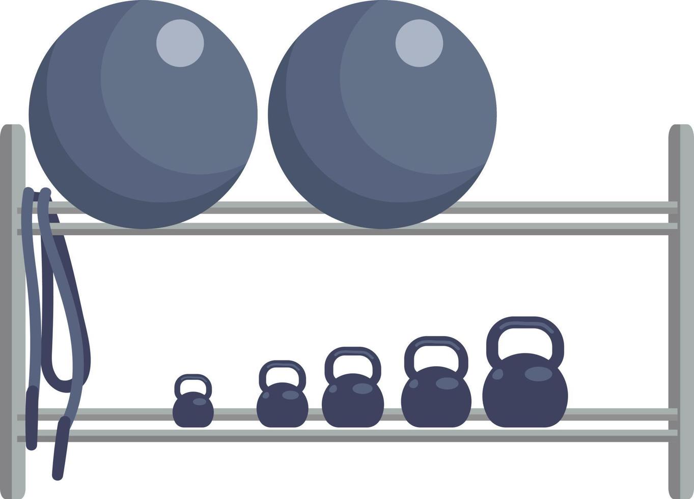 étagères avec kettlebells et balles de fitness objet vectoriel couleur semi-plat