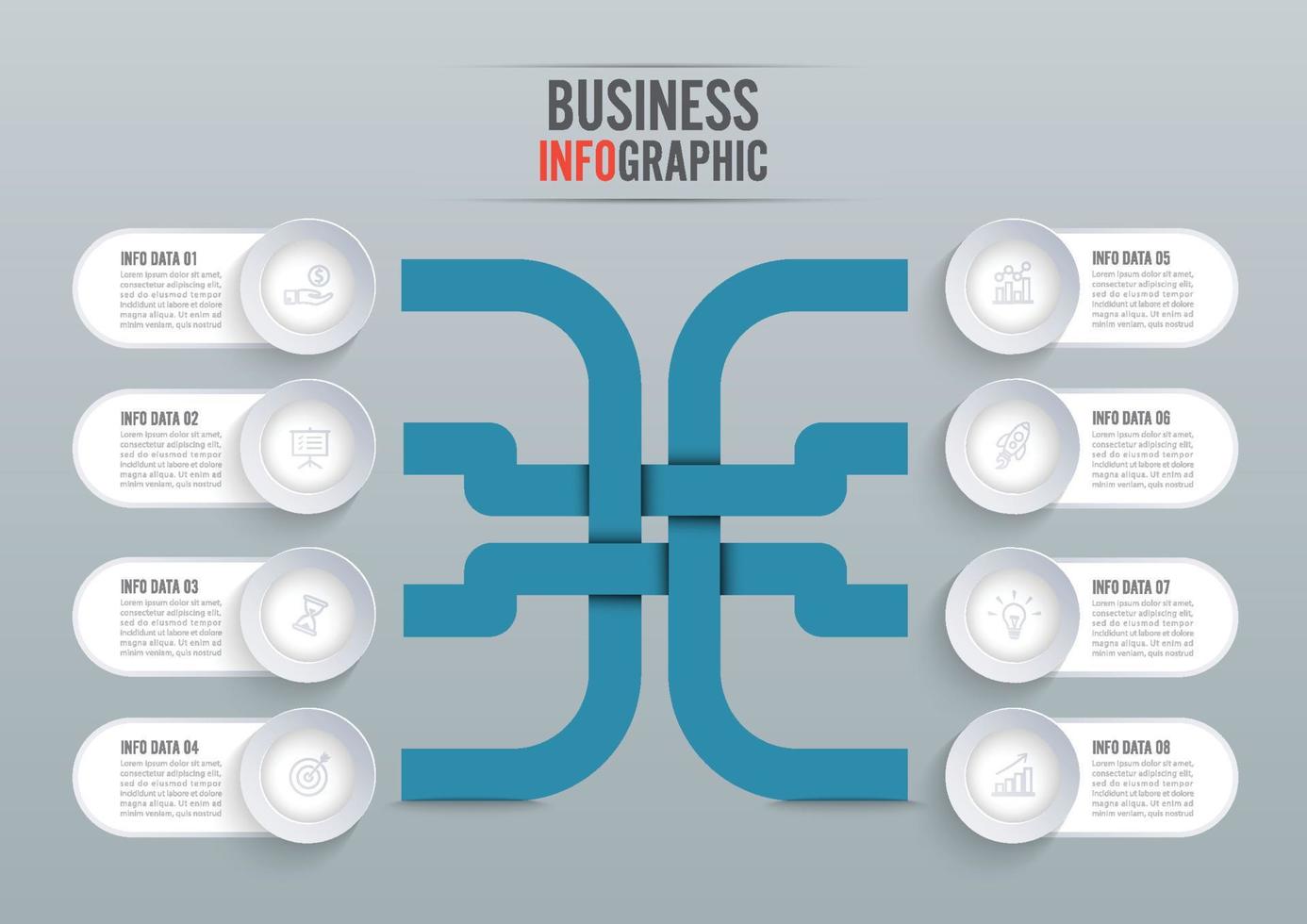 Le vecteur de conception infographie et les icônes de marketing peuvent être utilisés pour la mise en page du flux de travail, le diagramme, le rapport annuel, la conception de sites Web. concept d'entreprise avec 8 options, étapes ou processus.